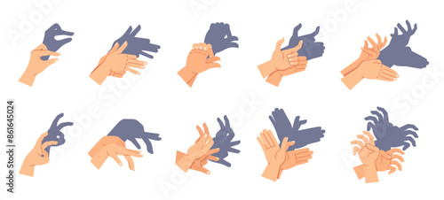 Set Of Hands Creating Various Shadow Puppet Shapes Resembling Animals. Vector Imaginative Silhouettes