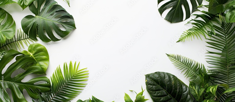 Tropical green leaves assortment with white backdrop for copy space image. Tropical green leaves assortment with white backdrop for copy space image.