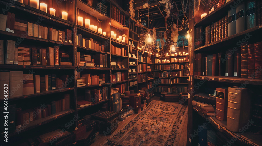 An enchanting library filled with floating books and glowing candles, each corner whispering hidden secrets in a cozy, magical setting.