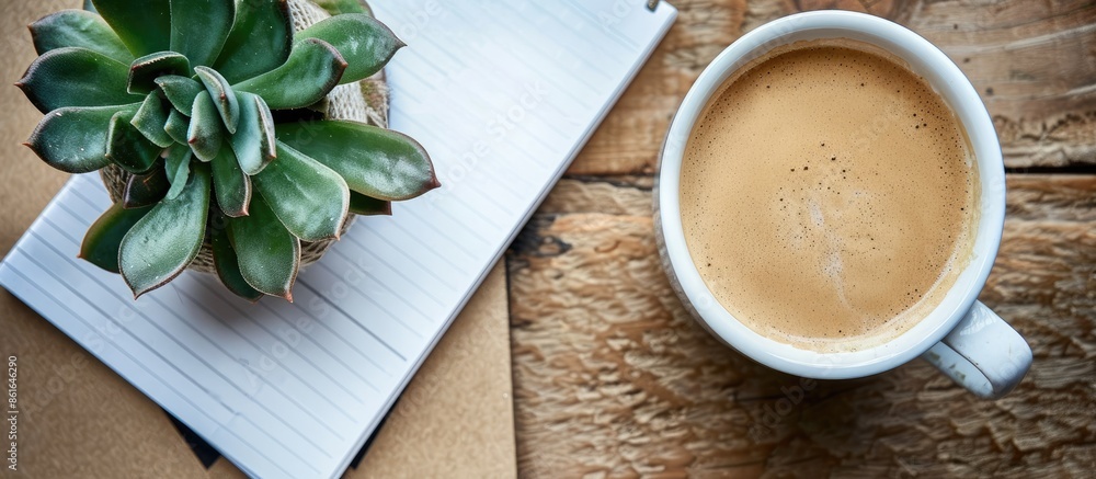 A brown background with a succulent, white cup of coffee, and a notebook on it, ready for your copy space image. A brown background with a succulent, white cup of coffee, and a notebook on it, ready for your copy space image.
