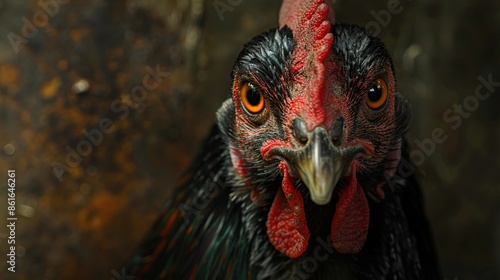 emotion fear, portrait of a hen with big eyes, emotional look of an animal, dark horror room