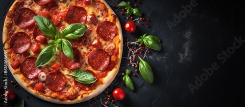 A delicious pepperoni pizza with fresh ingredients like tomatoes and basil displayed on a dark concrete surface. Overhead shot of the hot pizza with room for text in the image. with copy space image