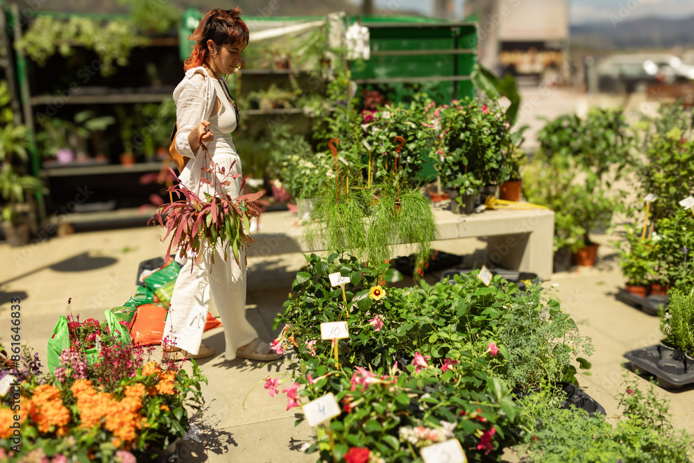 A woman is walking through a garden center, looking at the plants. She is holding a bag and she is interested in the plants