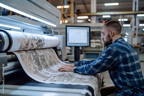 Plakat Man Operating a Large Format Digital Printer in a Factory
