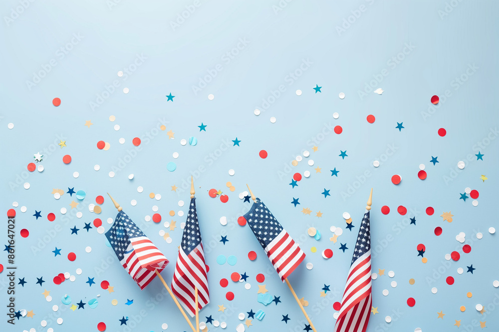 Obraz premium Celebrate Presidents Day with a patriotic banner mockup featuring American flags, confetti, and ribbons. Perfect for USA holidays and election-themed designs
