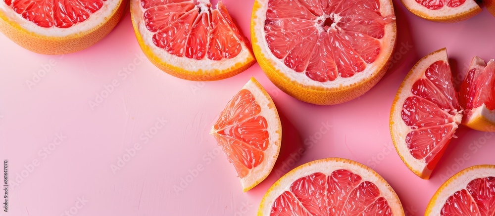Grapefruit slices arranged on a pink backdrop with copy space image. Grapefruit slices arranged on a pink backdrop with copy space image.