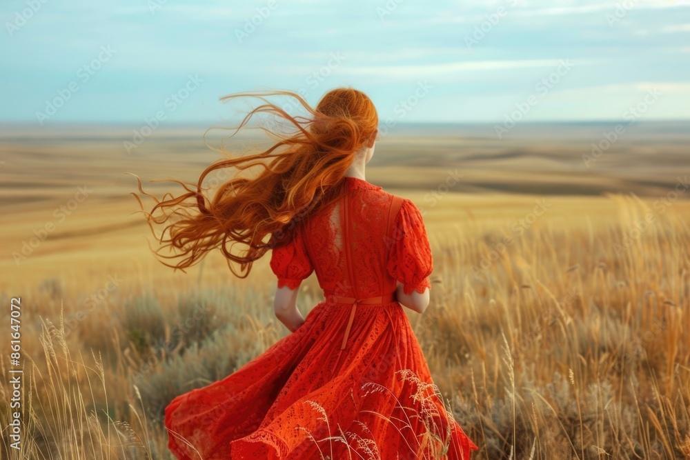 Obraz premium A woman wearing a bright red dress walks across a lush green field, surrounded by nature
