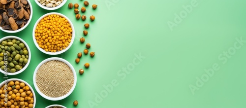 Fototapeta Naklejka Na Ścianę i Meble -  Top view of white bowls containing dried chickpeas, assorted legumes, and spices on a light green backdrop, ideal for promoting vegetable protein, copy space image.
