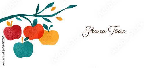 Rosh Hashanah, Rosh Hashana, Jewish New Year. Hand Drawn illustrations, vector design. Apples and pomegranate, Jewish New Year symbols and icons