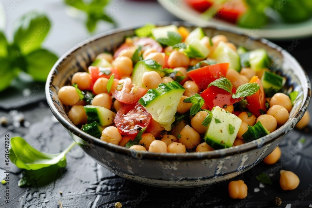 Mediterranean chickpea salad in a bowl on table Mediterranean chickpea salad in a bowl on table