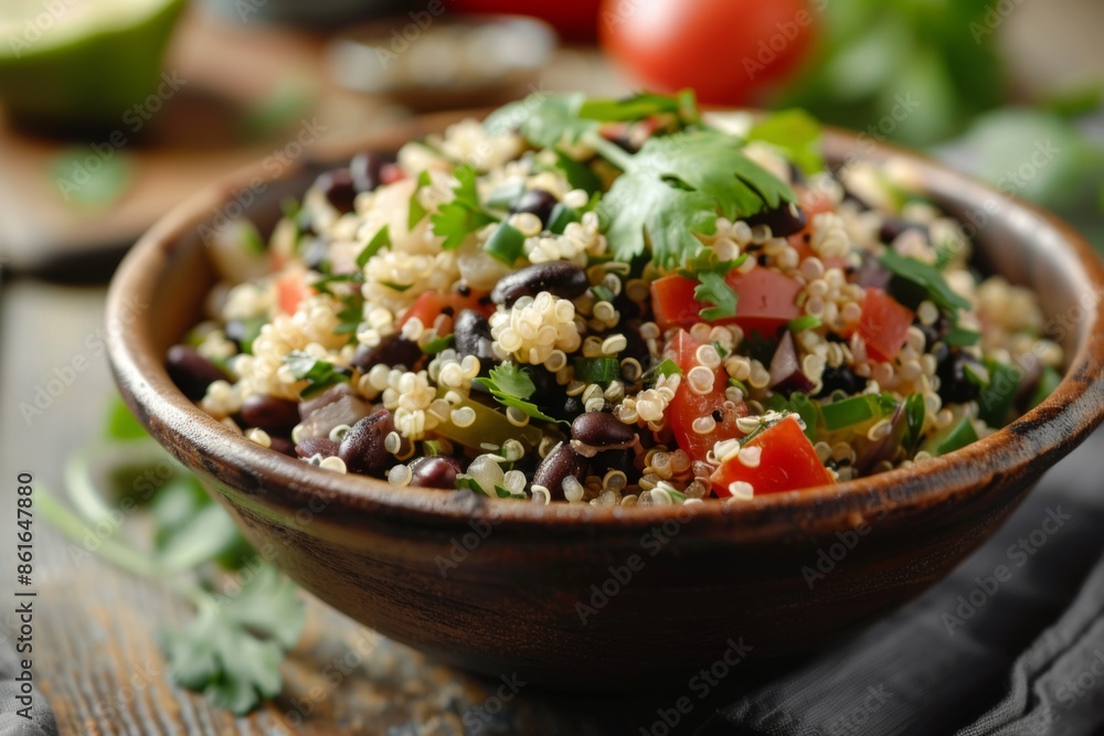 Healthy quinoa and black bean salad in bowl on countertop Healthy quinoa and black bean salad in bowl on countertop