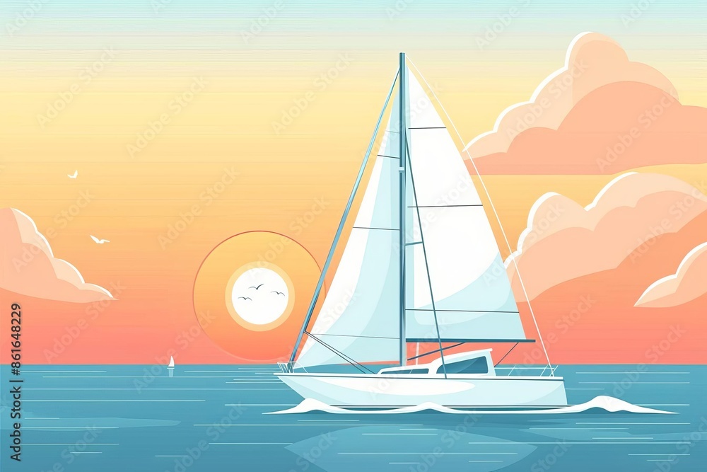 Fototapeta premium Sailing flat design front view summer theme cartoon drawing colored pastel