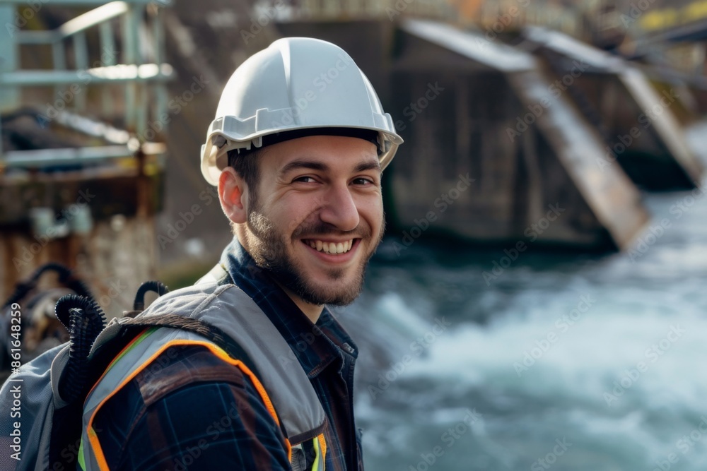 Fototapeta premium Portrait of a young smiling male engineer at Hydroelectric Dam
