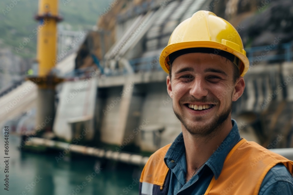 Portrait of a young smiling male engineer at Hydroelectric Dam Portrait of a young smiling male engineer at Hydroelectric Dam