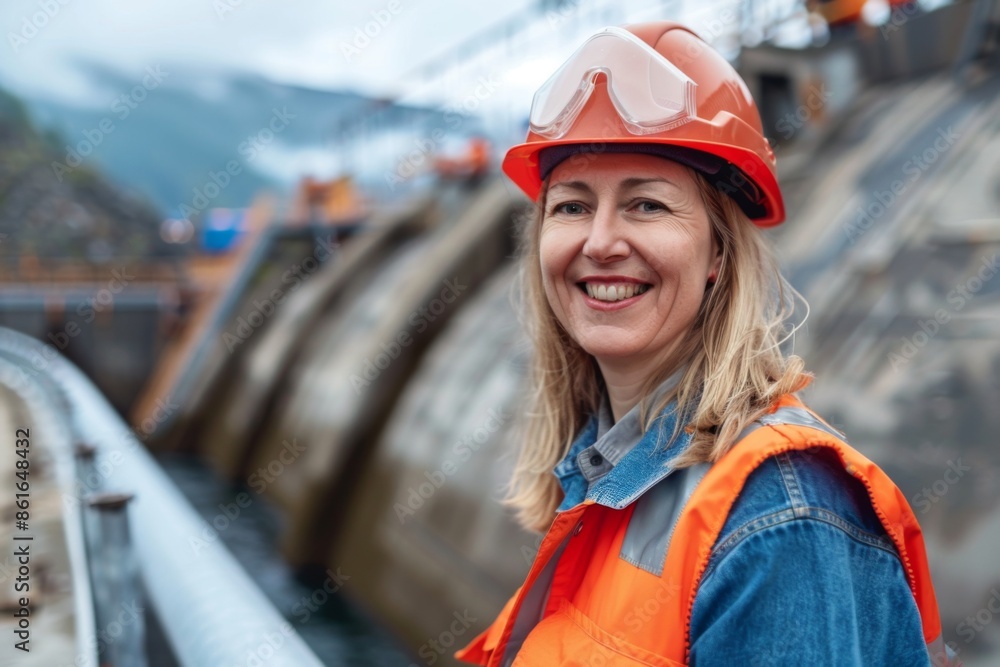 Portrait of a middle aged smiling female engineer at Hydroelectric Dam Portrait of a middle aged smiling female engineer at Hydroelectric Dam