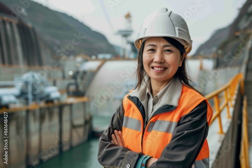 Portrait of a middle aged smiling female engineer at Hydroelectric Dam © NikoG