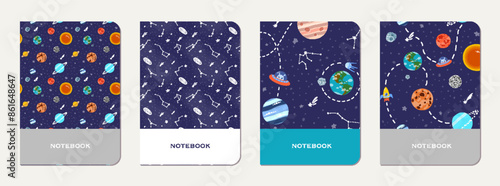 School notebook cover design with cartoon galaxy.