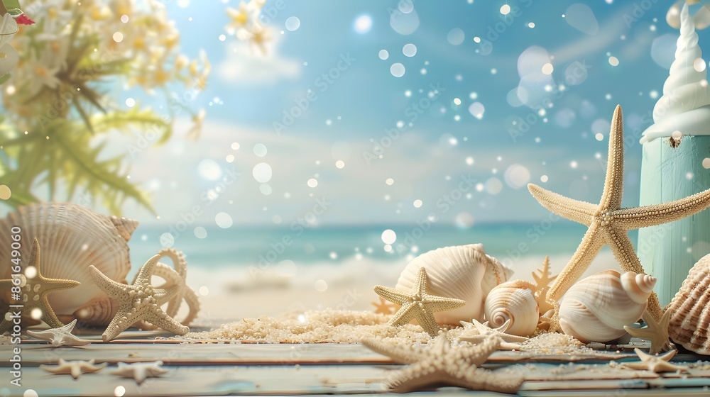 Peaceful Beach Landscape with Seashells and Starfish on Sand Peaceful Beach Landscape with Seashells and Starfish on Sand