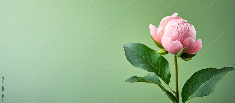 Fototapeta premium Peony bud in pink hue against lush green backdrop with room for text or image integration, commonly known as copy space image.