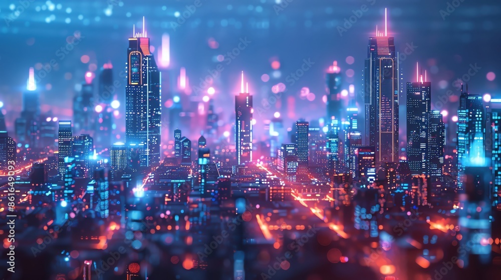 Futuristic cityscape with advanced technology and neon blue and purple lights Futuristic cityscape with advanced technology and neon blue and purple lights