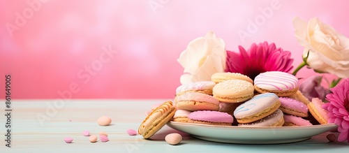 Closeup image of a plate with cookies and flowers on a colorful background, ideal for Valentine's Day, with copy space image.
