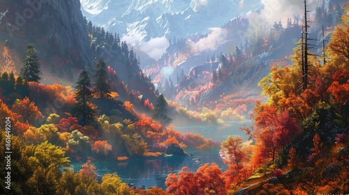 The valley wears a cloak of vibrant autumn leaves, creating a stunning sight. AI generated