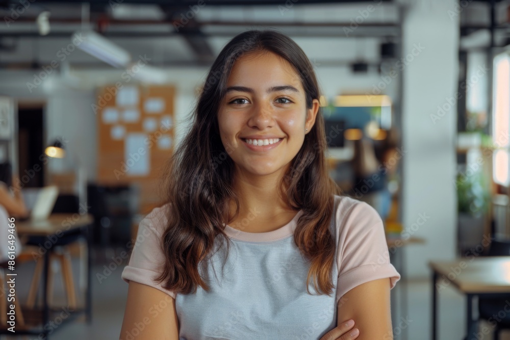 Portrait of a young female worker in startup company office Portrait of a young female worker in startup company office