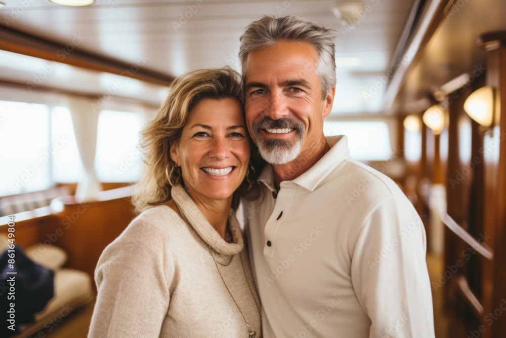 Obraz premium Portrait of a smiling mature couple on boat cruise