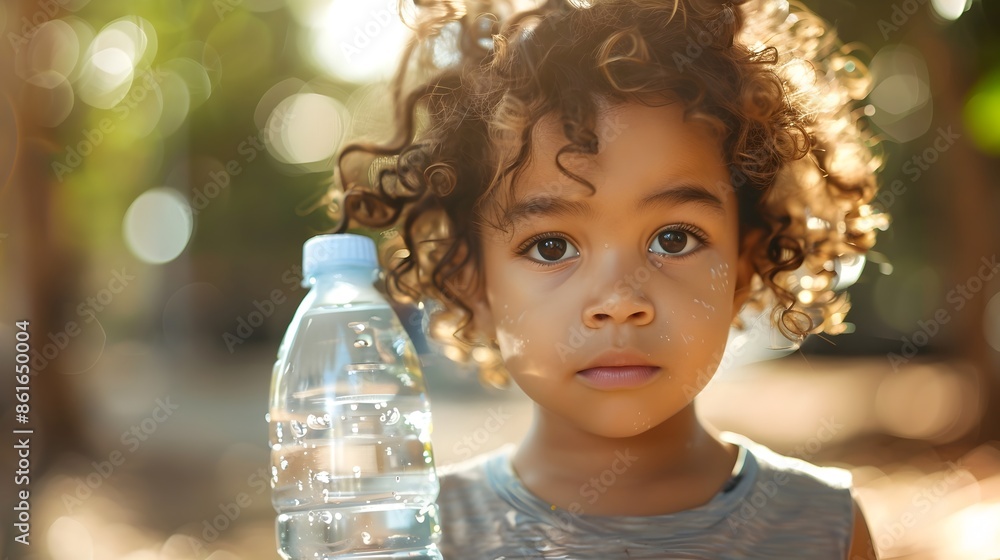 Curious Child with Water Bottle on Forehead in Serene Outdoor Setting Curious Child with Water Bottle on Forehead in Serene Outdoor Setting