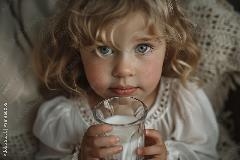 Cute little child with blonde curls holds a glass of milk, gazing with big blue eyes. Cozy, warm, vintage-inspired image perfect for family and lifestyle content. Generative AI Cute little child with blonde curls holds a glass of milk, gazing with big blue eyes. Cozy, warm, vintage-inspired image perfect for family and lifestyle content. Generative AI