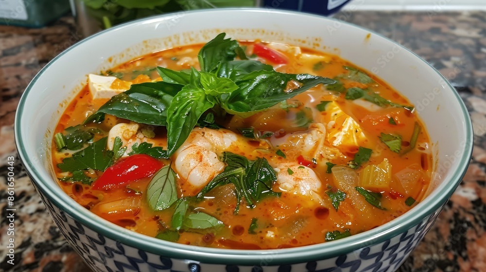 Authentic Thai Tom Yum soup with a rich broth and fresh Thai basil Authentic Thai Tom Yum soup with a rich broth and fresh Thai basil