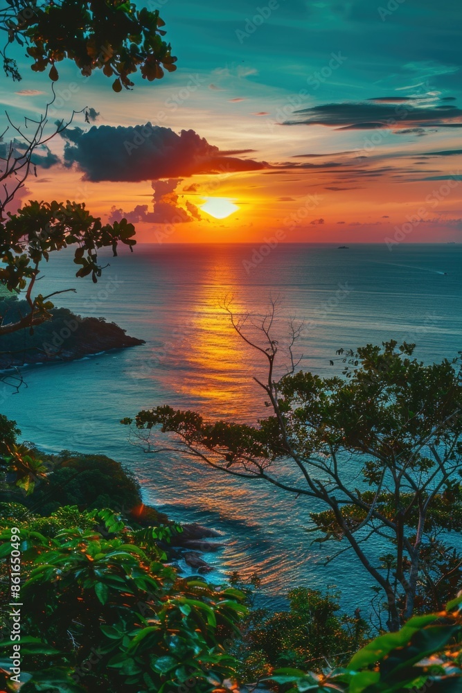 A serene landscape of the ocean with the sun setting in the background, viewed from a hill A serene landscape of the ocean with the sun setting in the background, viewed from a hill