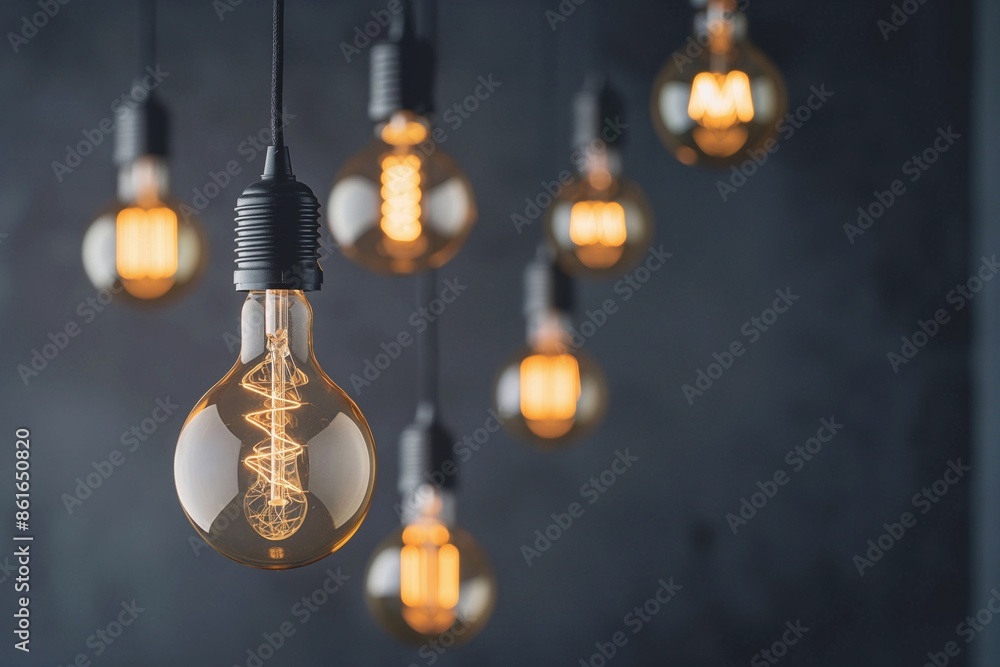 A glowing light bulb hanging on a wire, against the background of other light bulbs and a gray background with copy space. Idea and inspiration concept. Electric lamps, 3D rendering, energy saving con A glowing light bulb hanging on a wire, against the background of other light bulbs and a gray background with copy space. Idea and inspiration concept. Electric lamps, 3D rendering, energy saving con