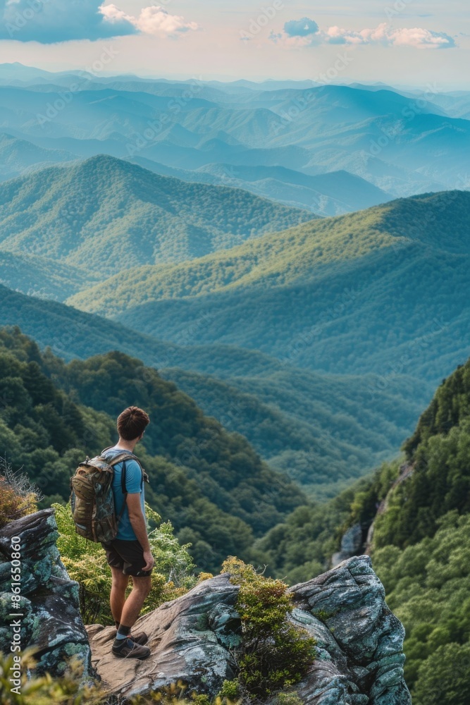 A person hiking on a mountain with a backpack, ready for adventure A person hiking on a mountain with a backpack, ready for adventure