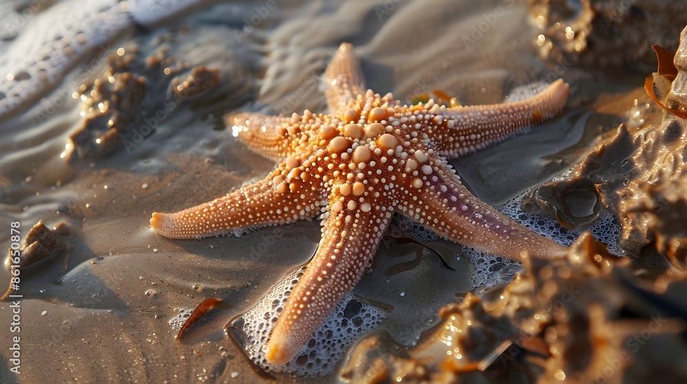 Vibrant Orange Starfish on Coastal Rocks with Seaweed and Shells