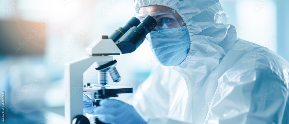Lab technician in protective suit working with microscope, sterile lab, detailed examination, blue light Lab technician in protective suit working with microscope, sterile lab, detailed examination, blue light