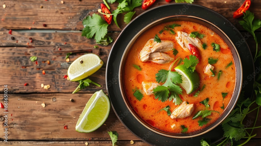 Bowl of Thai Tom Yum soup garnished with fresh cilantro and lime wedges Bowl of Thai Tom Yum soup garnished with fresh cilantro and lime wedges