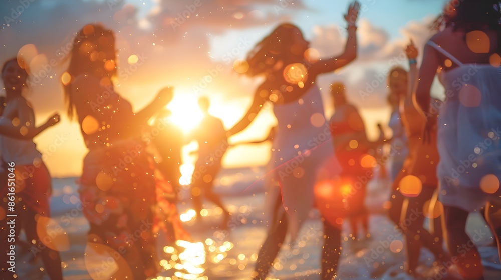 Blurred Sunset Beach Party with Joyful Friends Dancing