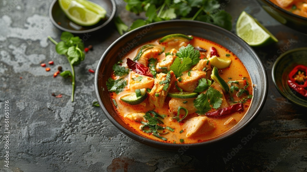 Bowl of Thai Tom Yum with chicken, galangal, and a hint of lime Bowl of Thai Tom Yum with chicken, galangal, and a hint of lime