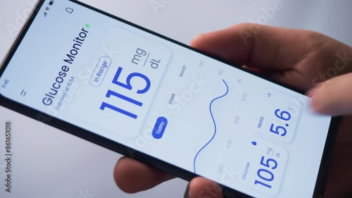 Monitoring glucose level with a smartphone app and a remote sensor. Continuous monitoring of glucose technology in diabetes treatment. Fictional Interface.