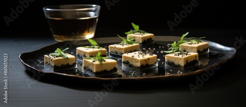 Black sesame tofu displayed...
