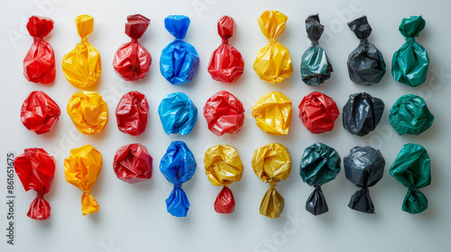 Top-down photorealistic image of an array of multicolored plastic bags neatly arranged in rows. The vibrant colors and textures of the bags create a visually striking and organized pattern.