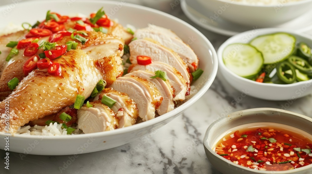 Delicious Hainanese chicken rice with fried chicken, served with garlic-ginger rice and chili sauce Delicious Hainanese chicken rice with fried chicken, served with garlic-ginger rice and chili sauce