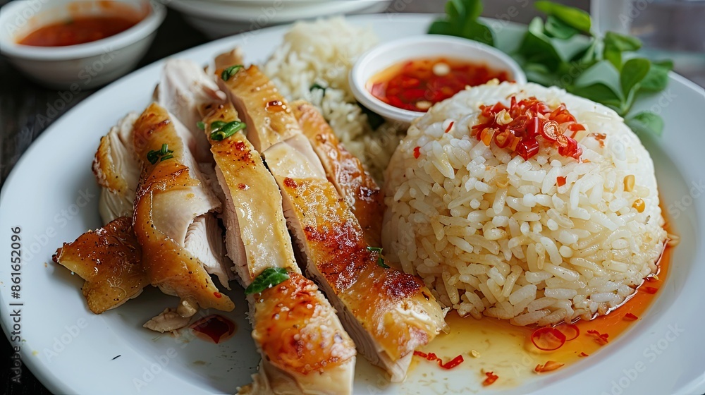Delicious Hainanese chicken rice with fried chicken, served with garlic rice and chili sauce Delicious Hainanese chicken rice with fried chicken, served with garlic rice and chili sauce