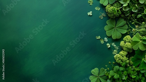 An artistic arrangement of clovers and green leaves set against a textured green backdrop, evoking a sense of tranquility and connection to nature.