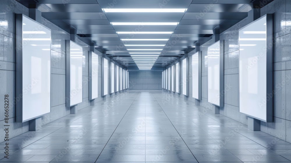 Fototapeta premium Blank vertical billboards in a contemporary underground space, dramatic lights, urban environment