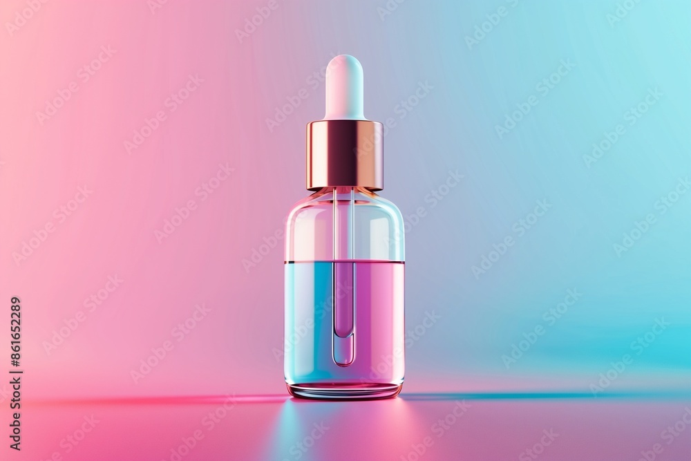 Close-up of Vitamin Serum Bottle with Gradient Background, Product Highlighted Close-up of Vitamin Serum Bottle with Gradient Background, Product Highlighted
