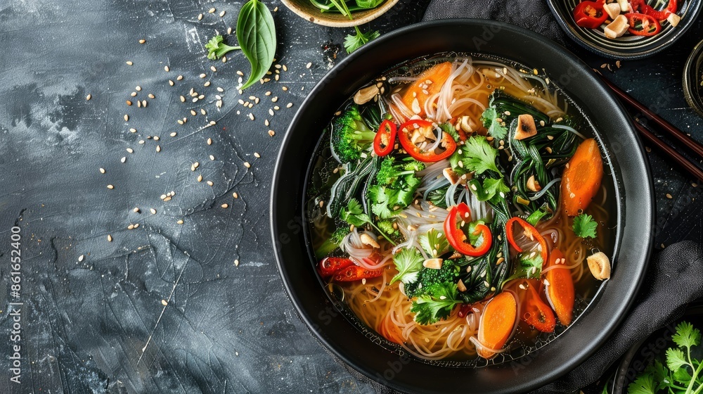 Delicious Thai seaweed soup with glass noodles and fresh vegetables Delicious Thai seaweed soup with glass noodles and fresh vegetables
