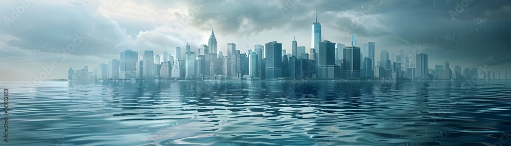 Fototapeta premium Flooded Coastal Cityscape with Partially Submerged Skyscrapers Climate Change Concept