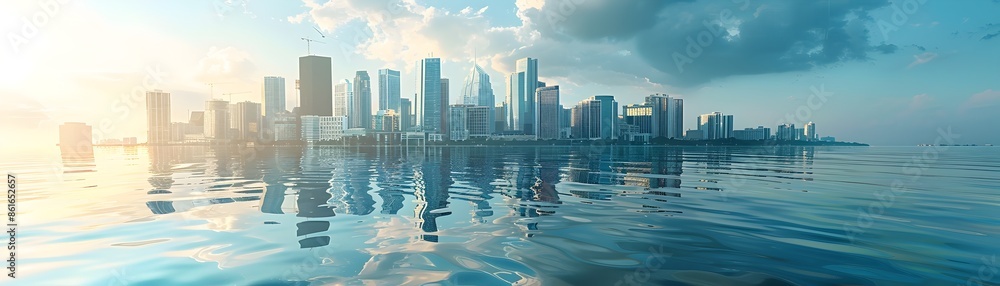 Fototapeta premium Partially Submerged Skyscrapers in Flooded Coastal City Reflecting in Water Climate Change Concept